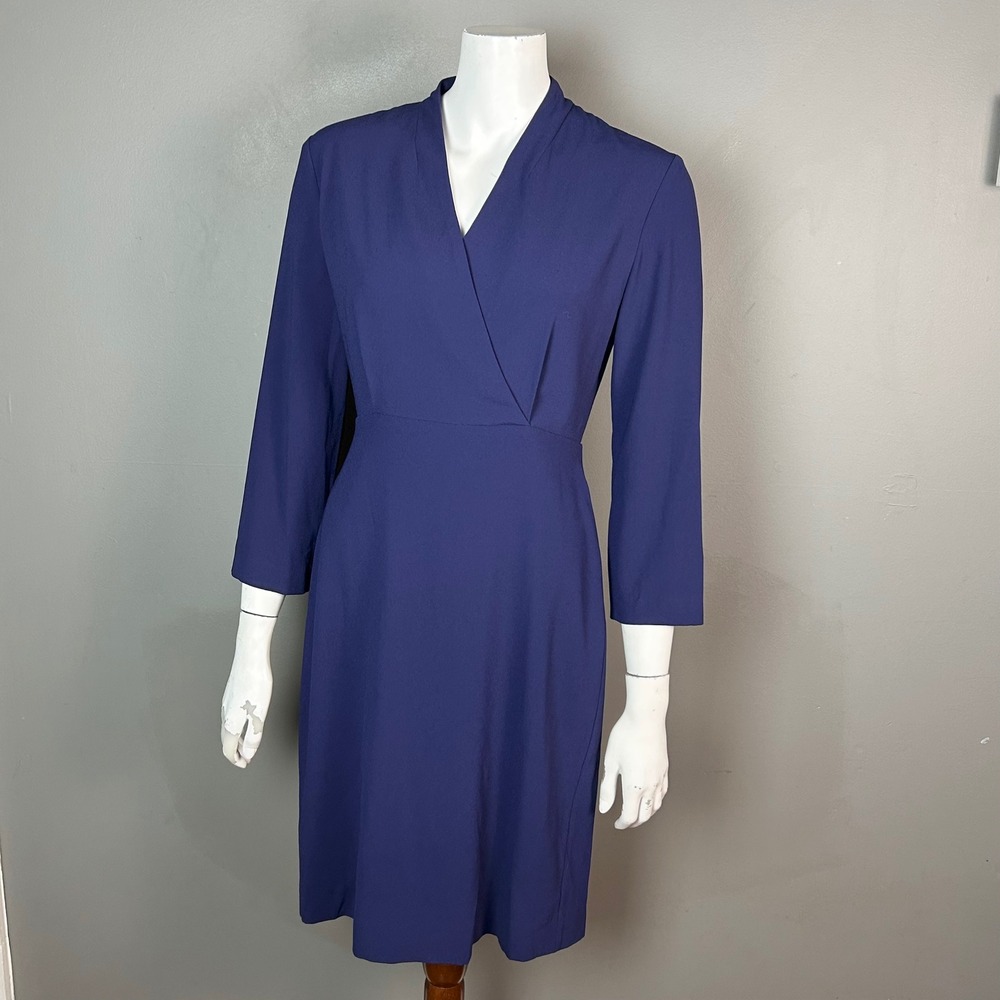 MM.LaFleur Etsuko Dress Size 2 Blue 3/4 Sleeve Faux Wrap Sheath Office Workwear